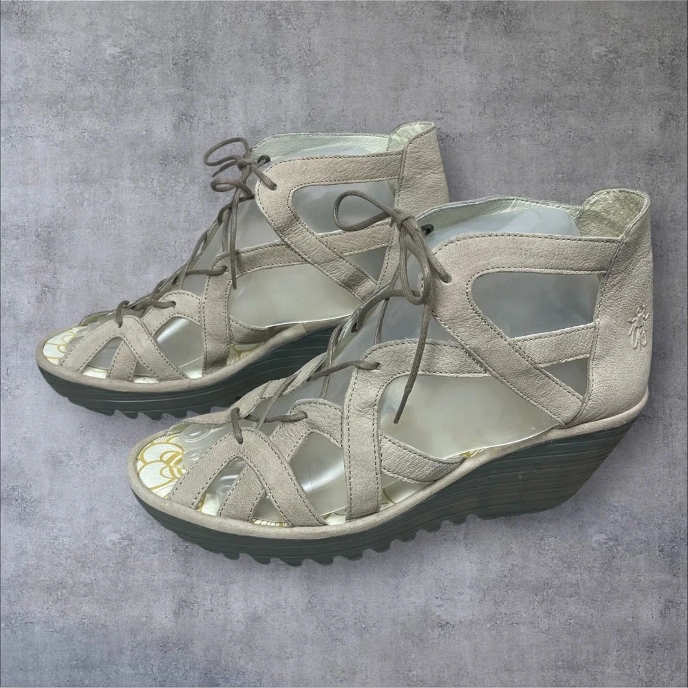 Fly London Yuke Strappy Sandals Womens 40 US 9-9.5 Gladiator Lace Up Wedge Boho